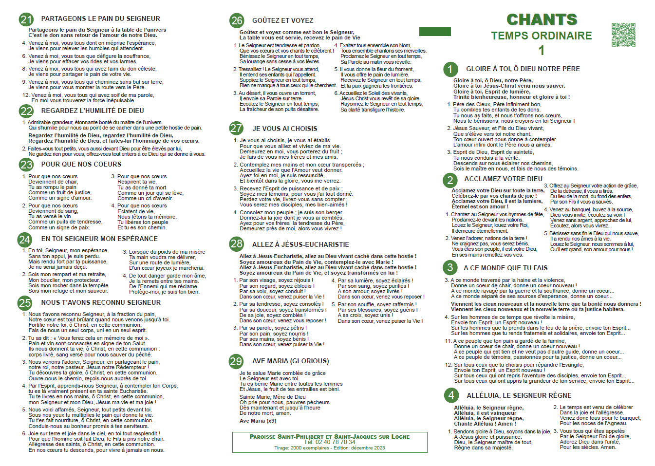 Feuillet de chant – Temps ordinaire 1