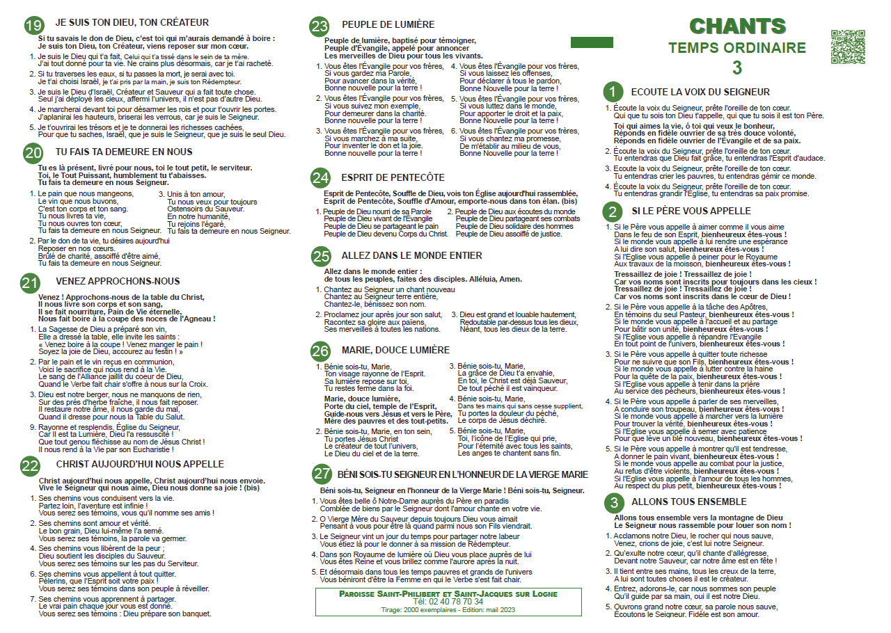 Feuillet de chant – Temps ordinaire 3
