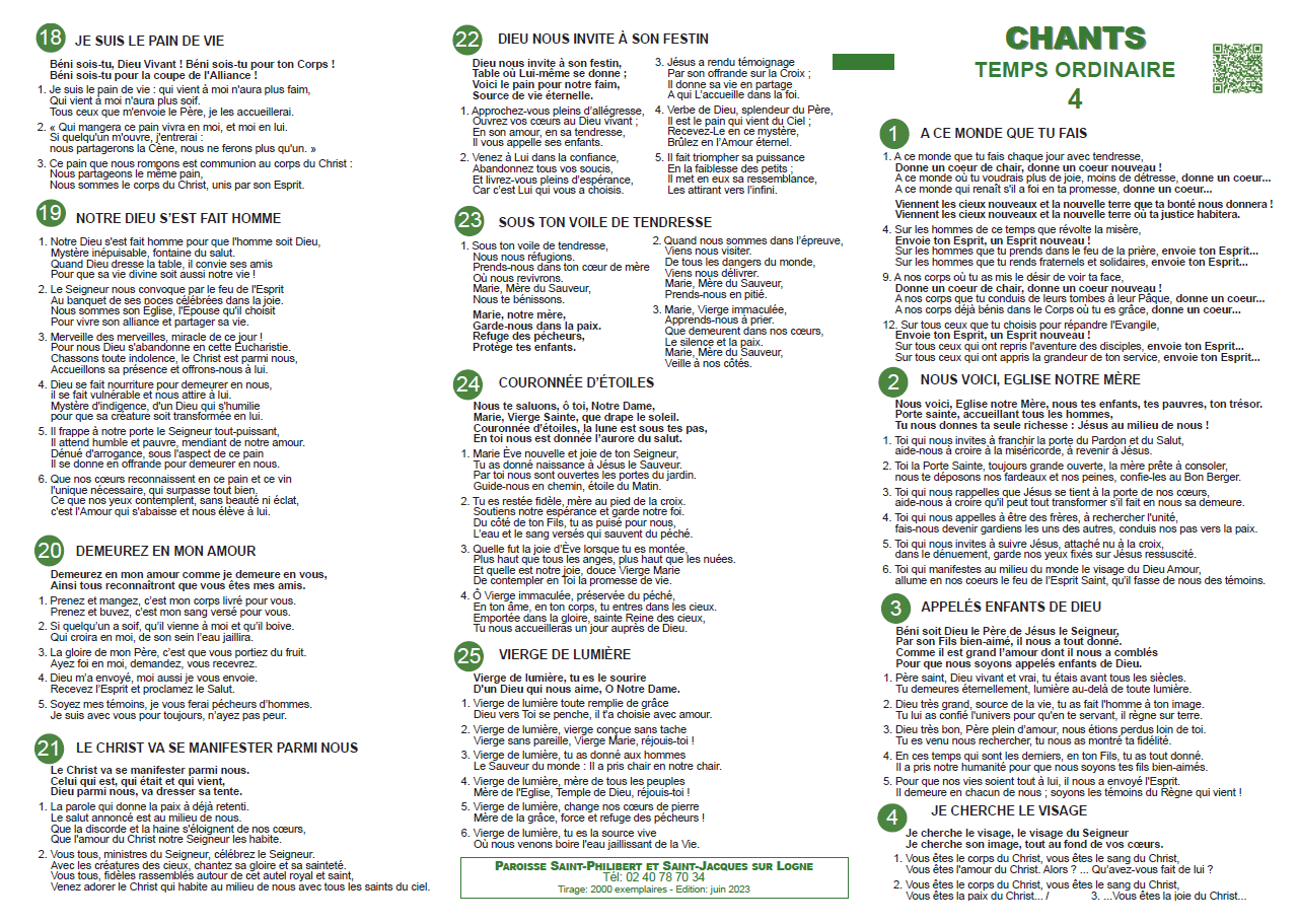 Feuillet de chant – Temps ordinaire 4