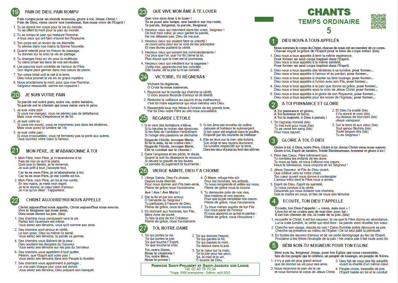 Feuillet de chant – Temps ordinaire 5
