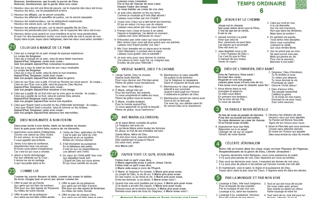 Feuillet de chant – Temps ordinaire 6