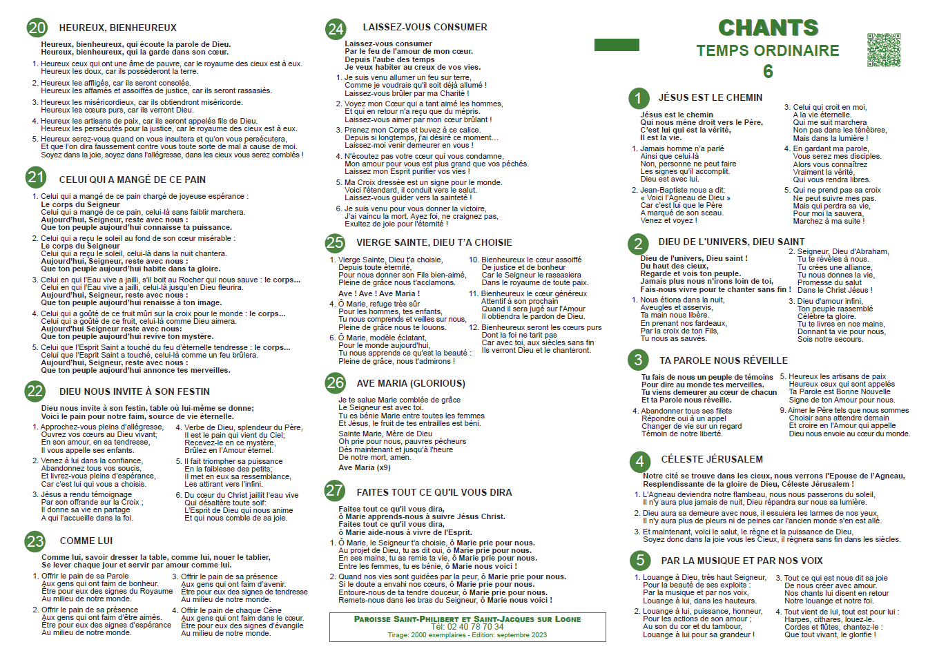 Feuillet de chant – Temps ordinaire 6
