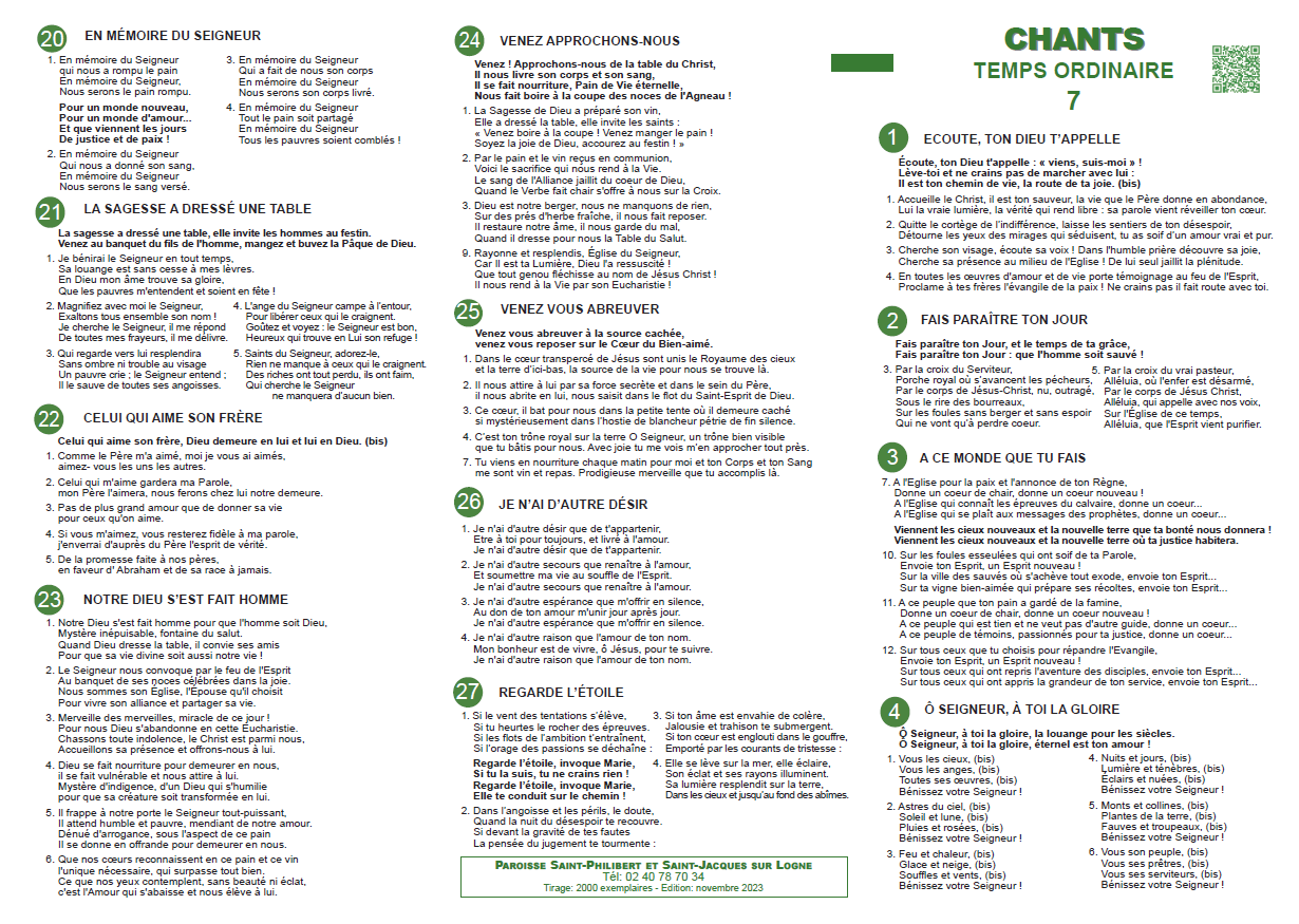 Feuillet de chant – Temps ordinaire 7