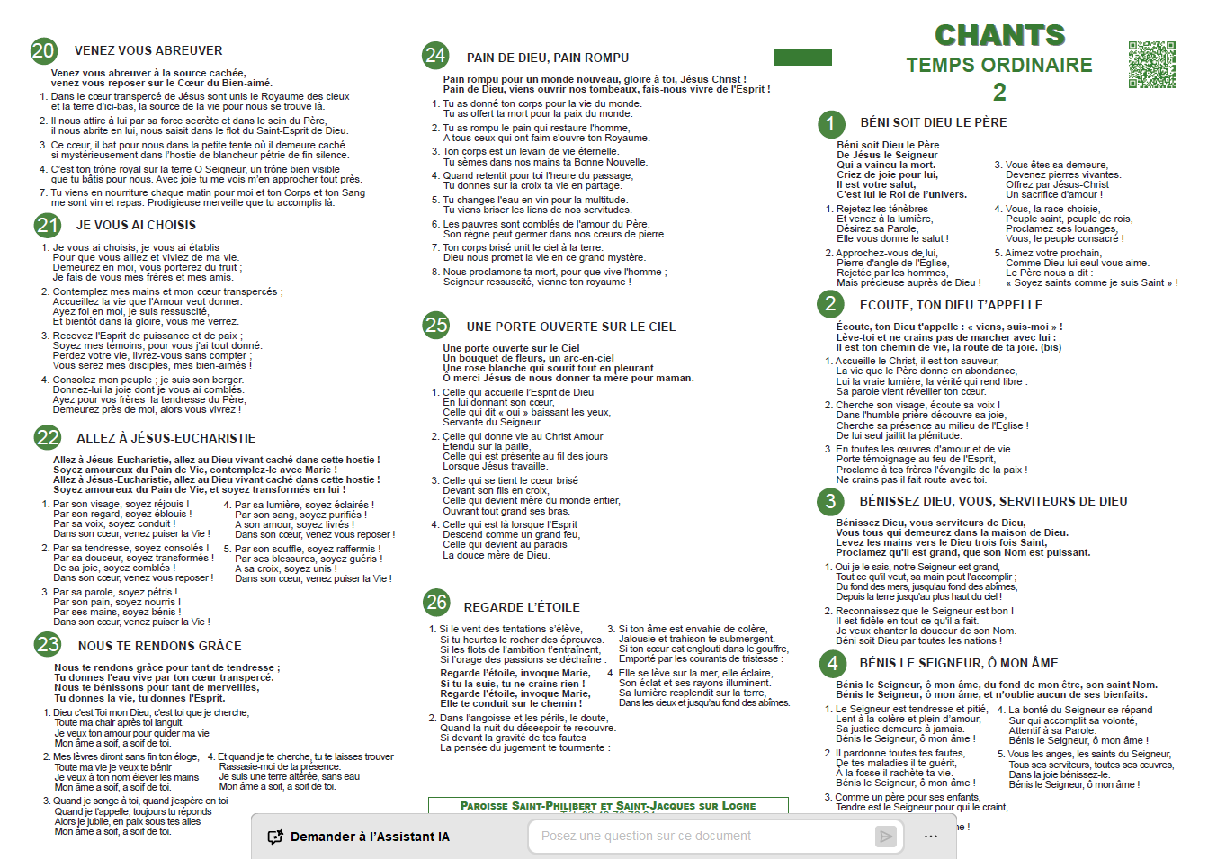 Feuillet de chant – Temps ordinaire 2